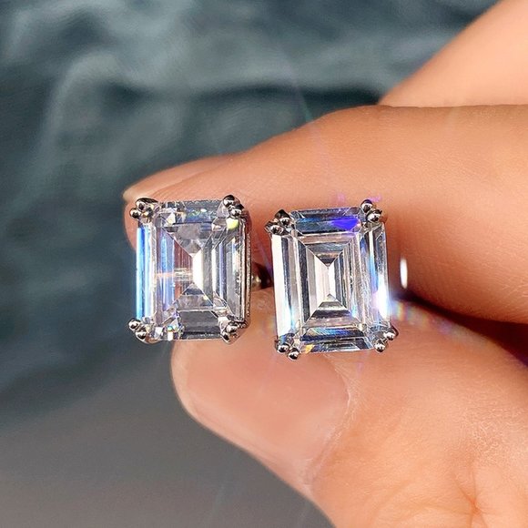 3.79Ct Emerald Cut Square Austrian Crystal VVS1 Simulated Diamond Studs Earrings - Picture 8 of 16